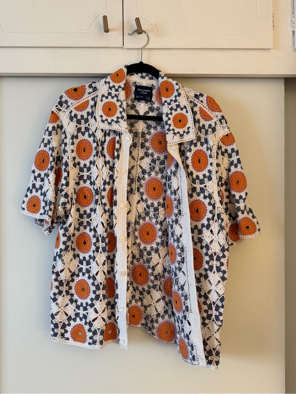 Abercrombie & Fitch Cream Crochet Top with Orange and Navy Accents